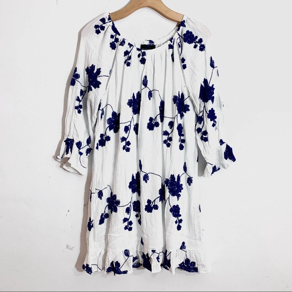 Anthropologie White Midi Dress with Navy Blue Floral Embroidery